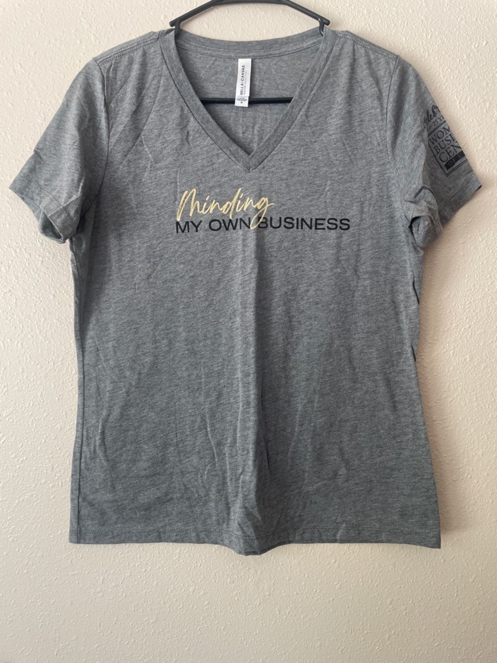 Bella Canvas Gray V-Neck Tee with Gold & Black Script